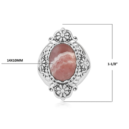  Sterling Silver Rhodochrosite Oval Scalloped Concha Ring