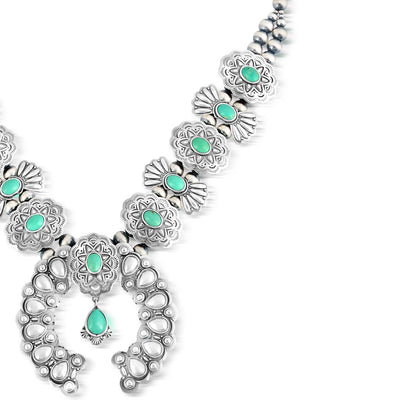 Sterling Silver Green Turquoise Concha Butterfly Squash Blossom Necklace