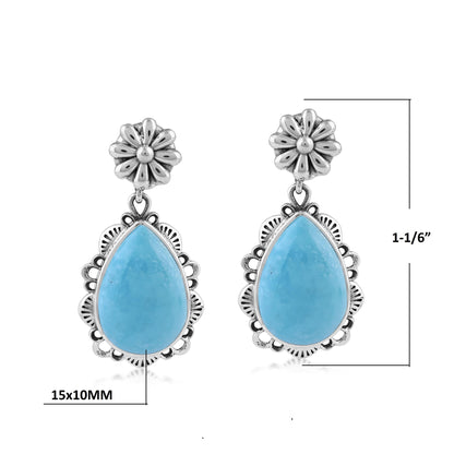  Sterling Silver Kingman Turquoise Pear-Cut Concha Dangle Earrings