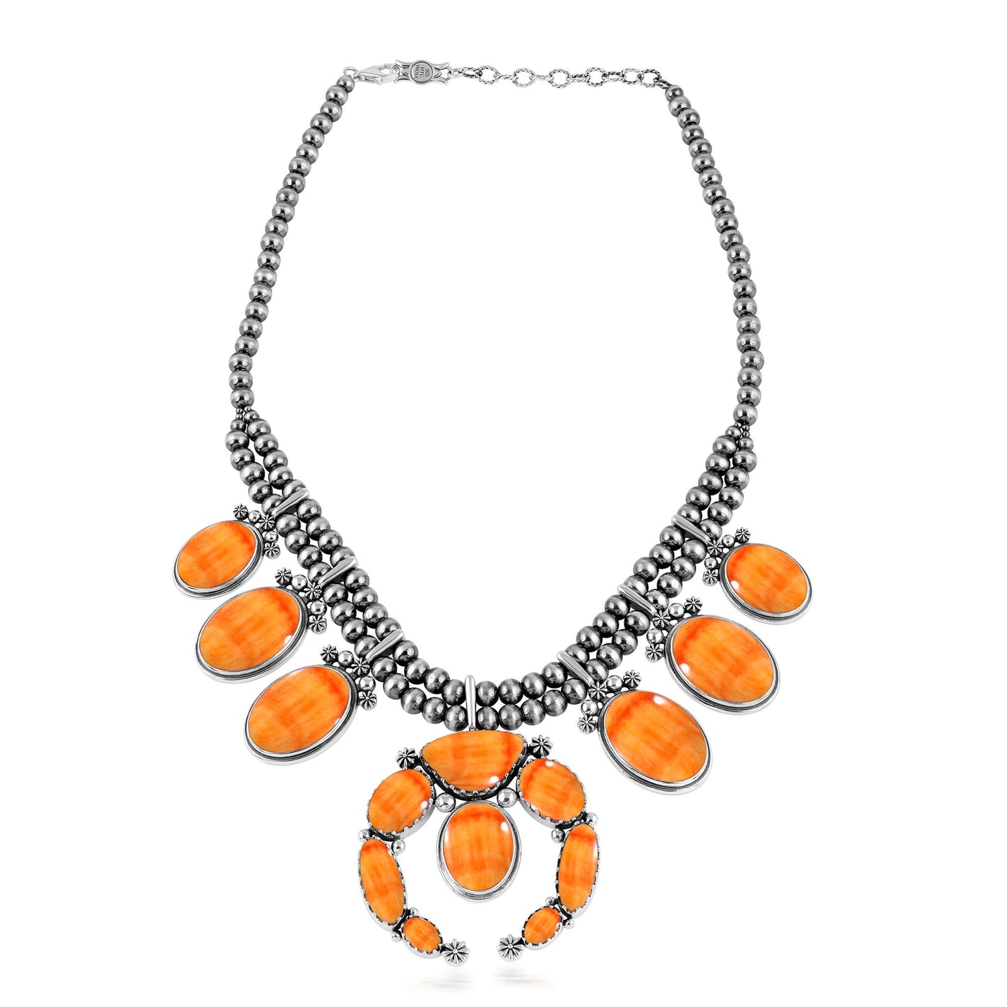 Sterling Silver Orange Spiny Oyster Naja Squash Blossom Statement Necklace