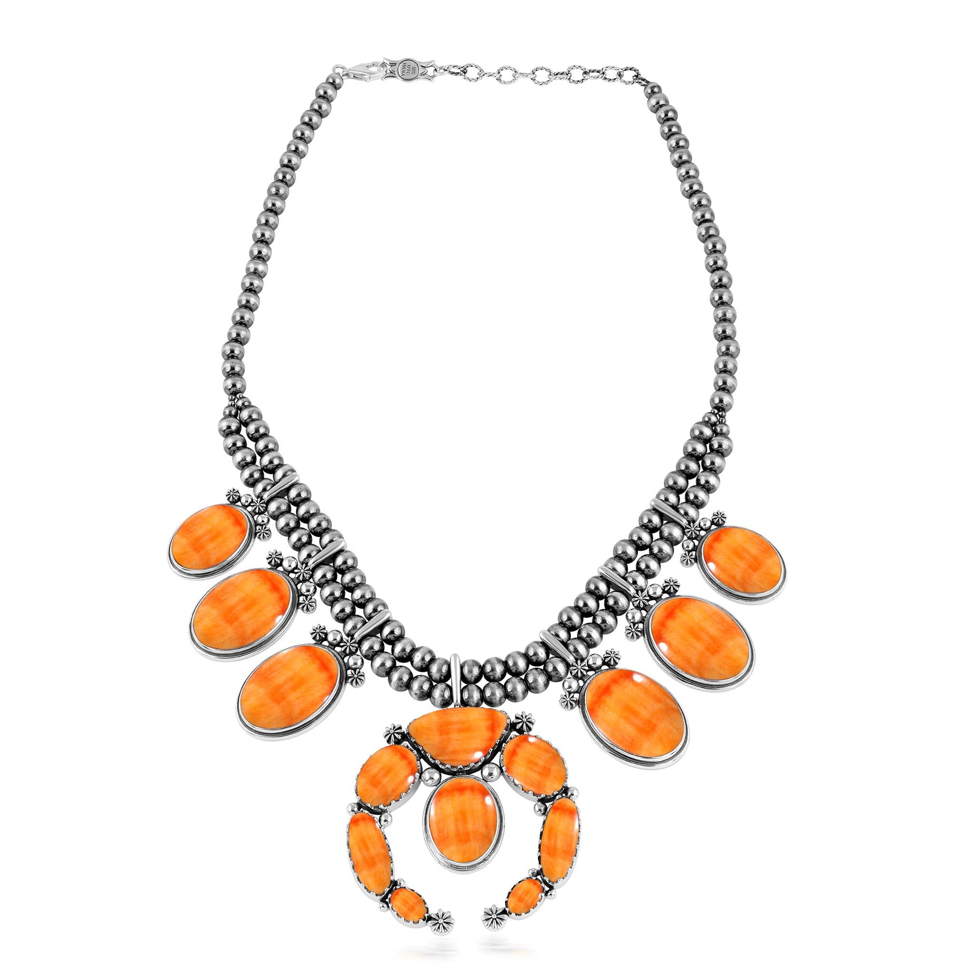 Sterling Silver Orange Spiny Oyster Naja Squash Blossom Statement Necklace