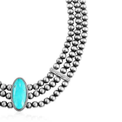 Sterling Silver Kingman Turquoise Oval Cut Triple-Row Beaded Necklace, 17 to 20 Inches