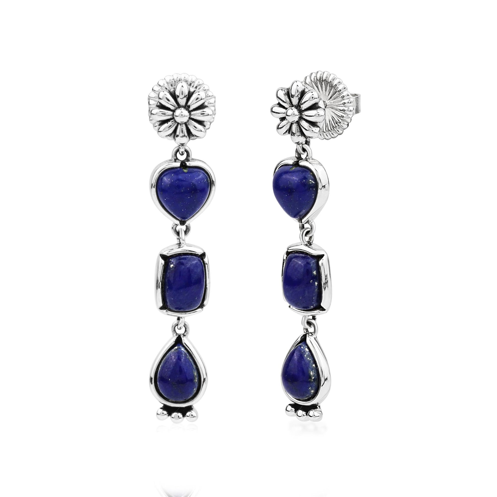 Sterling Silver Lapis Gemstone Heart, Rectangle and Pear Concha Post Dangle Earrings 