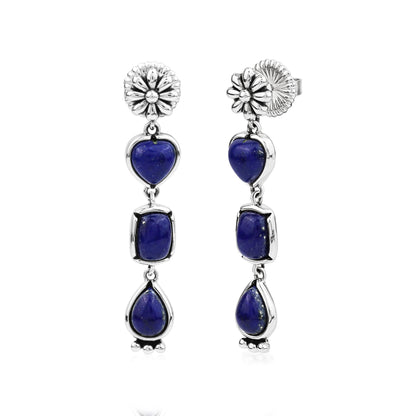 Sterling Silver Lapis Gemstone Heart, Rectangle and Pear Concha Post Dangle Earrings 