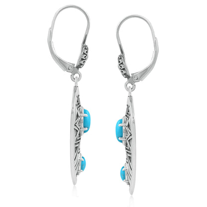 Sterling Silver Marquise Kingman Turquoise Patterned Lever Back Earrings 