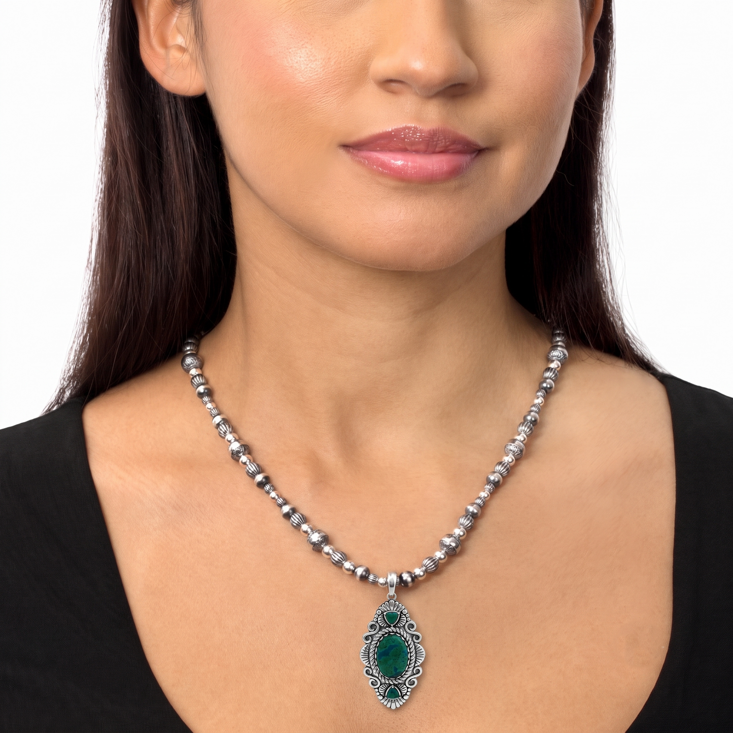 Sterling Silver Chrysocolla Oval and Trillion Gemstone Rope Pendant Enhancer 