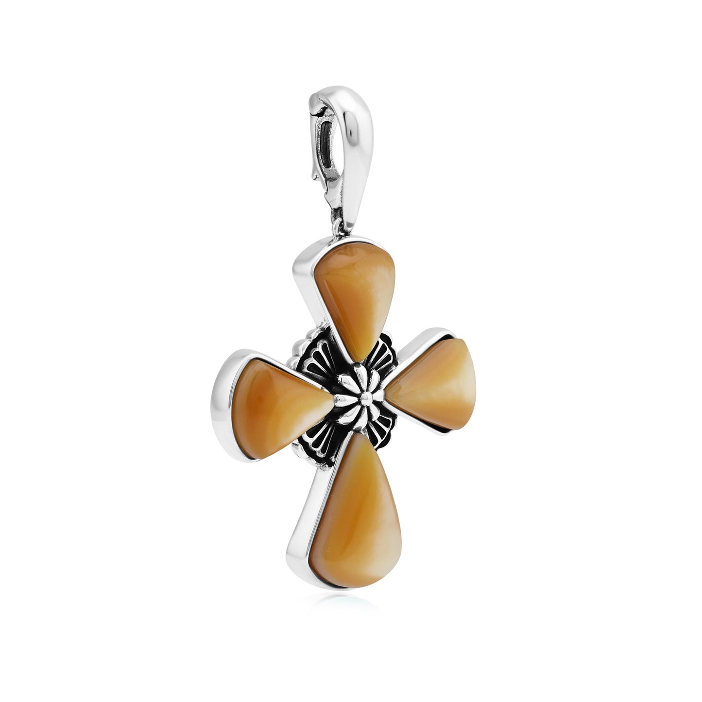 Sterling Silver Yellow Mother of Pearl Gemstone Concha Cross Pendant Enhancer 