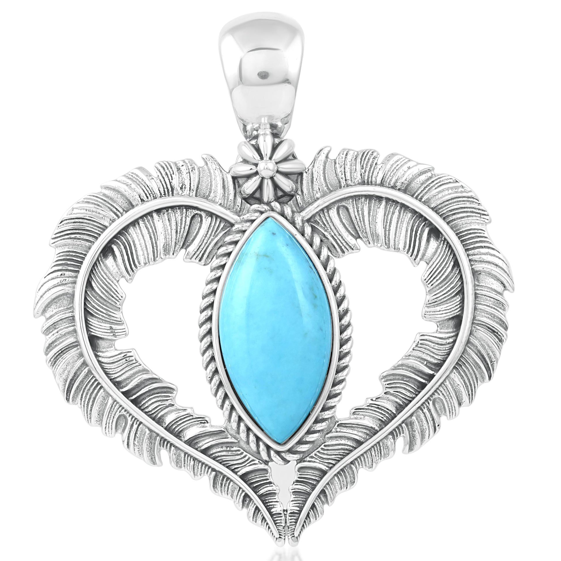Sterliing Silver Kingman Turquoise Feather Heart Pendant Enhancer