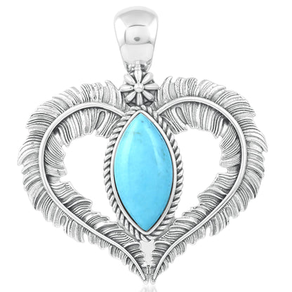 Sterliing Silver Kingman Turquoise Feather Heart Pendant Enhancer