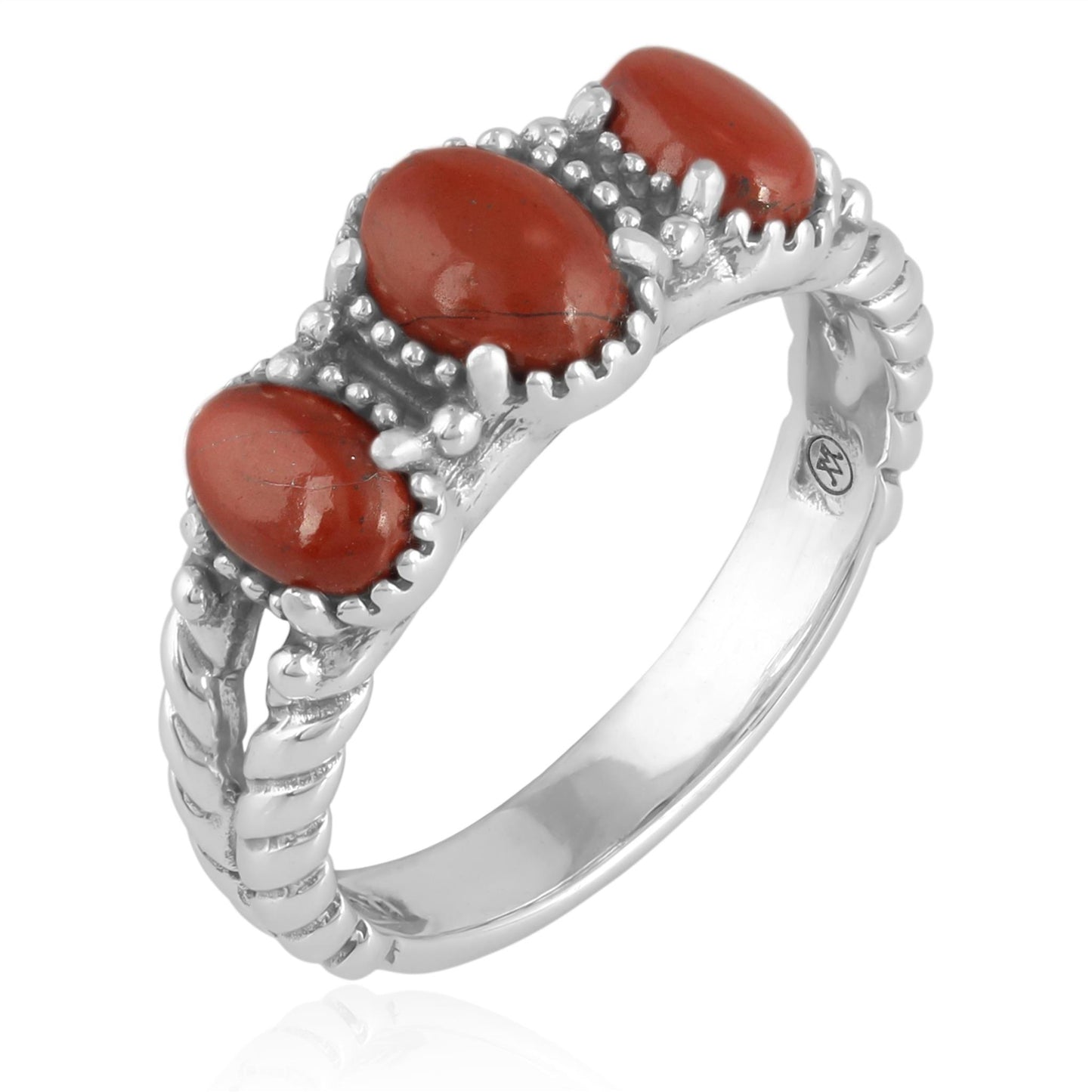 Sterling Silver Red Jasper Gemstone 3-Stone Ring, Sizes 5 to 10