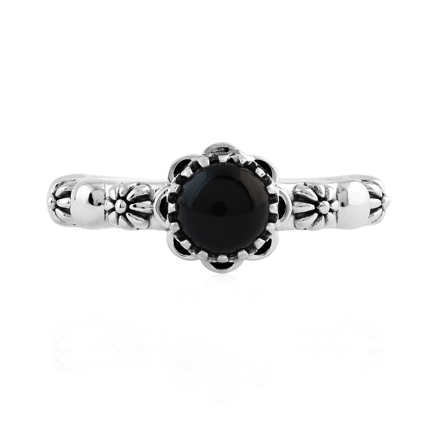  Sterling Silver Black Onyx Single Row Concha Flower Ring