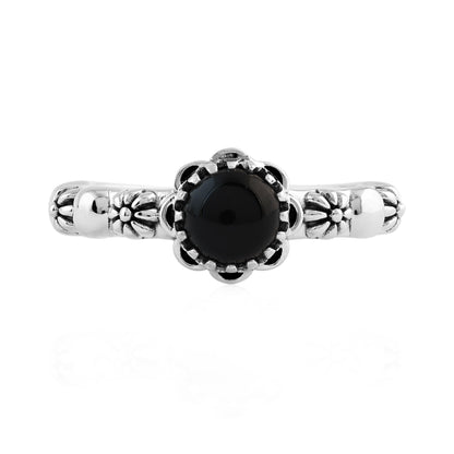 Sterling Silver Black Onyx Single Row Concha Flower Ring