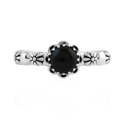  Sterling Silver Black Onyx Single Row Concha Flower Ring