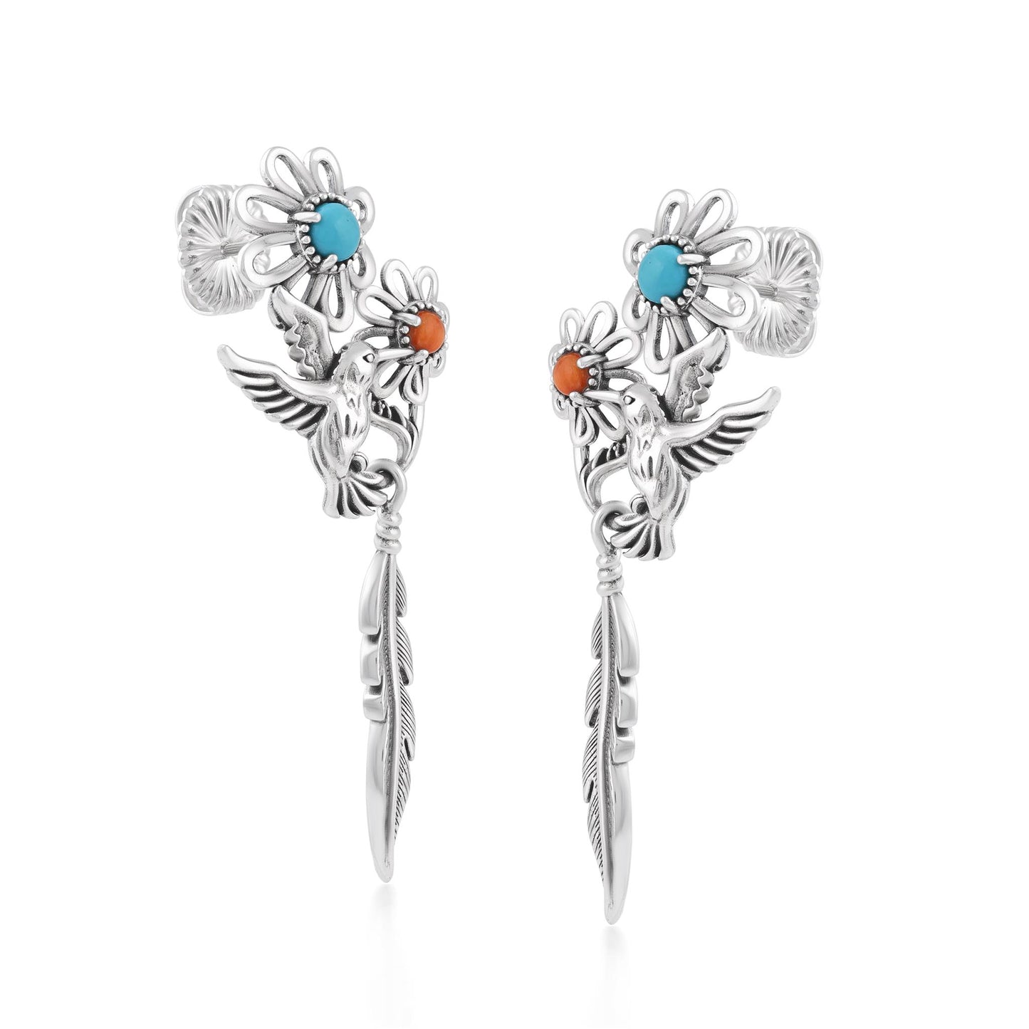 Sterling Silver Kingman Turquoise and Orange Spiny Oyster Fritz Casuse Hummingbird Flower Earrings 