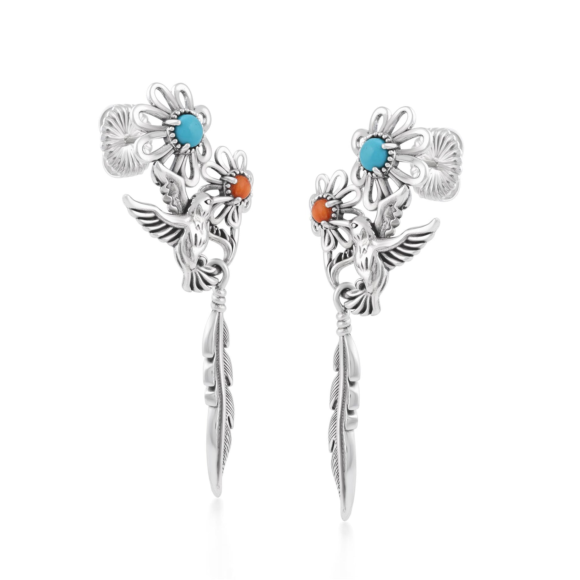 Sterling Silver Kingman Turquoise and Orange Spiny Oyster Fritz Casuse Hummingbird Flower Earrings 