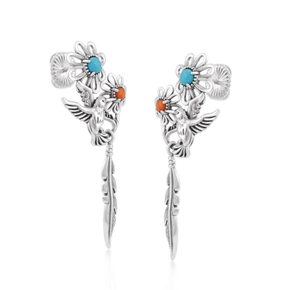 Sterling Silver Kingman Turquoise and Orange Spiny Oyster Fritz Casuse Hummingbird Flower Earrings 