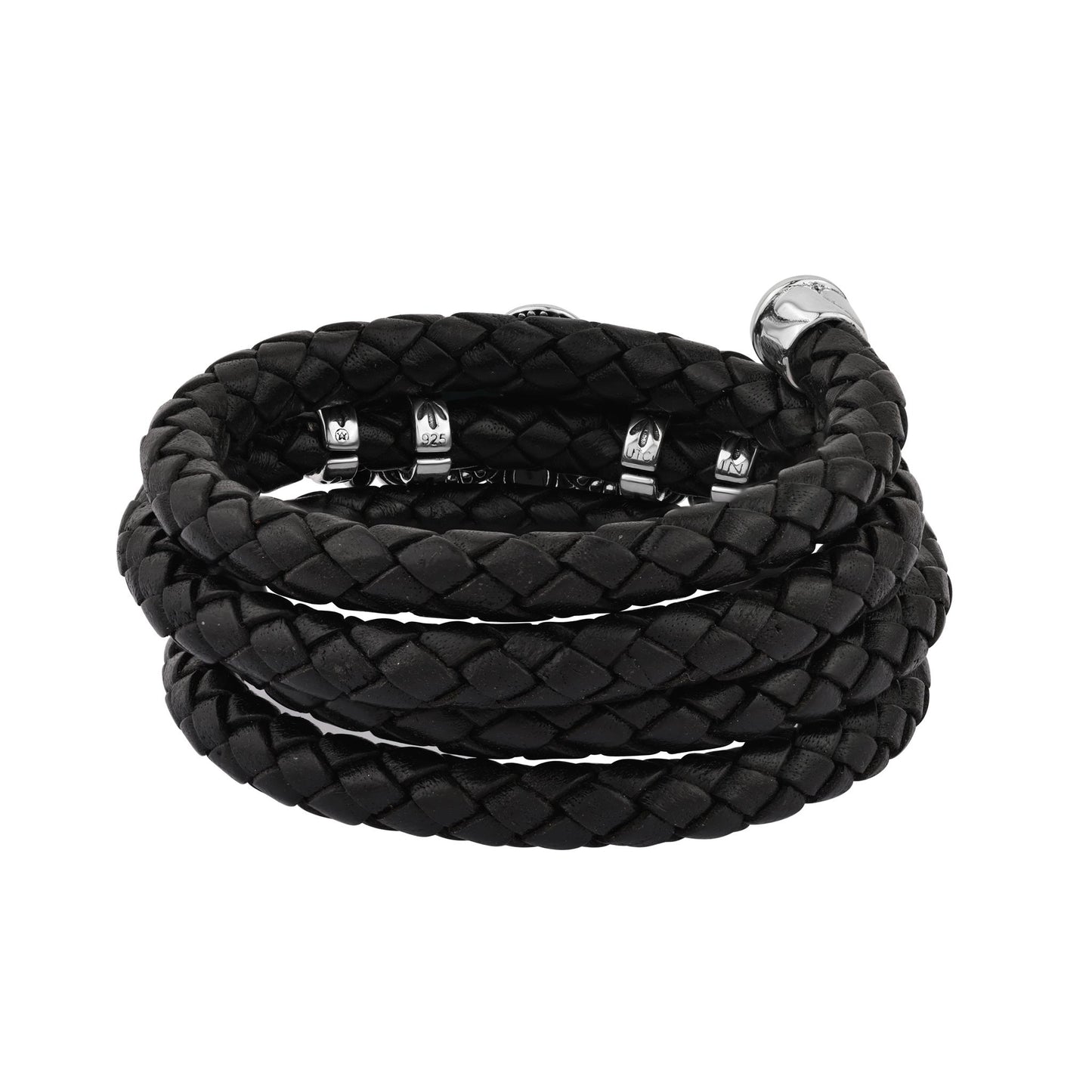  Sterling Silver Black Onyx Pear Cluster Black Leather Wrap Bracelet 