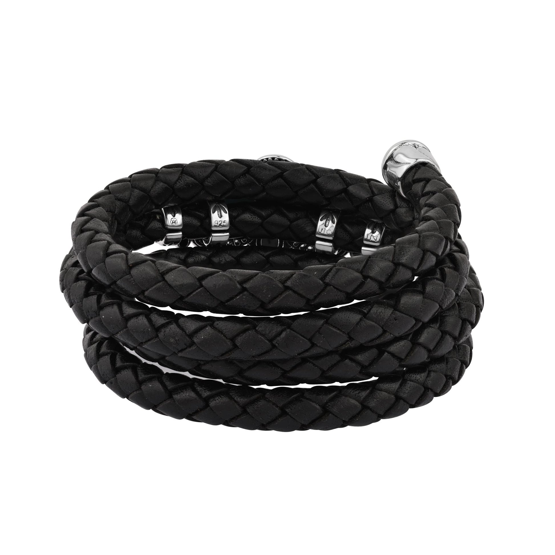  Sterling Silver Black Onyx Pear Cluster Black Leather Wrap Bracelet 