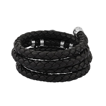 Sterling Silver Black Onyx Pear Cluster Black Leather Wrap Bracelet 