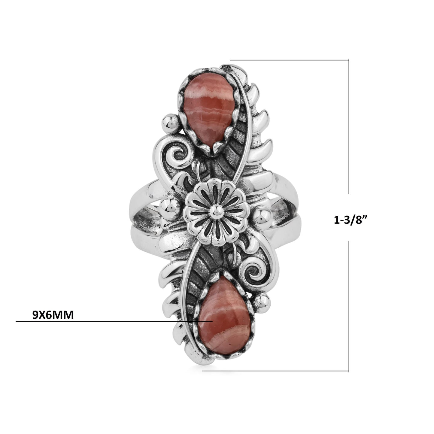  Sterling Silver Rhodochrosite Pear-Cut Leaf and Flower Ring 