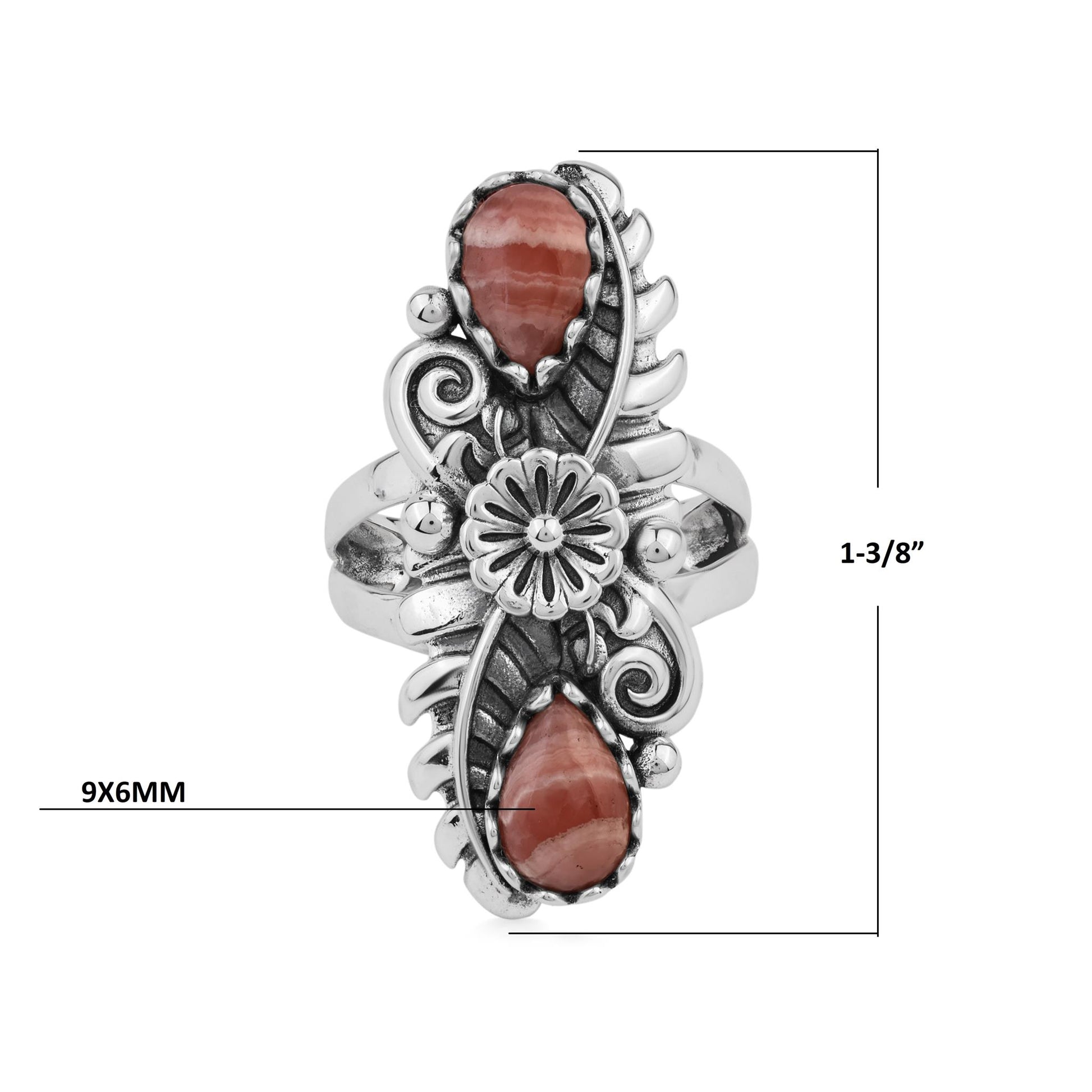  Sterling Silver Rhodochrosite Pear-Cut Leaf and Flower Ring 