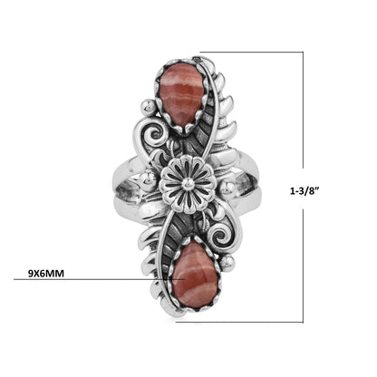  Sterling Silver Rhodochrosite Pear-Cut Leaf and Flower Ring 