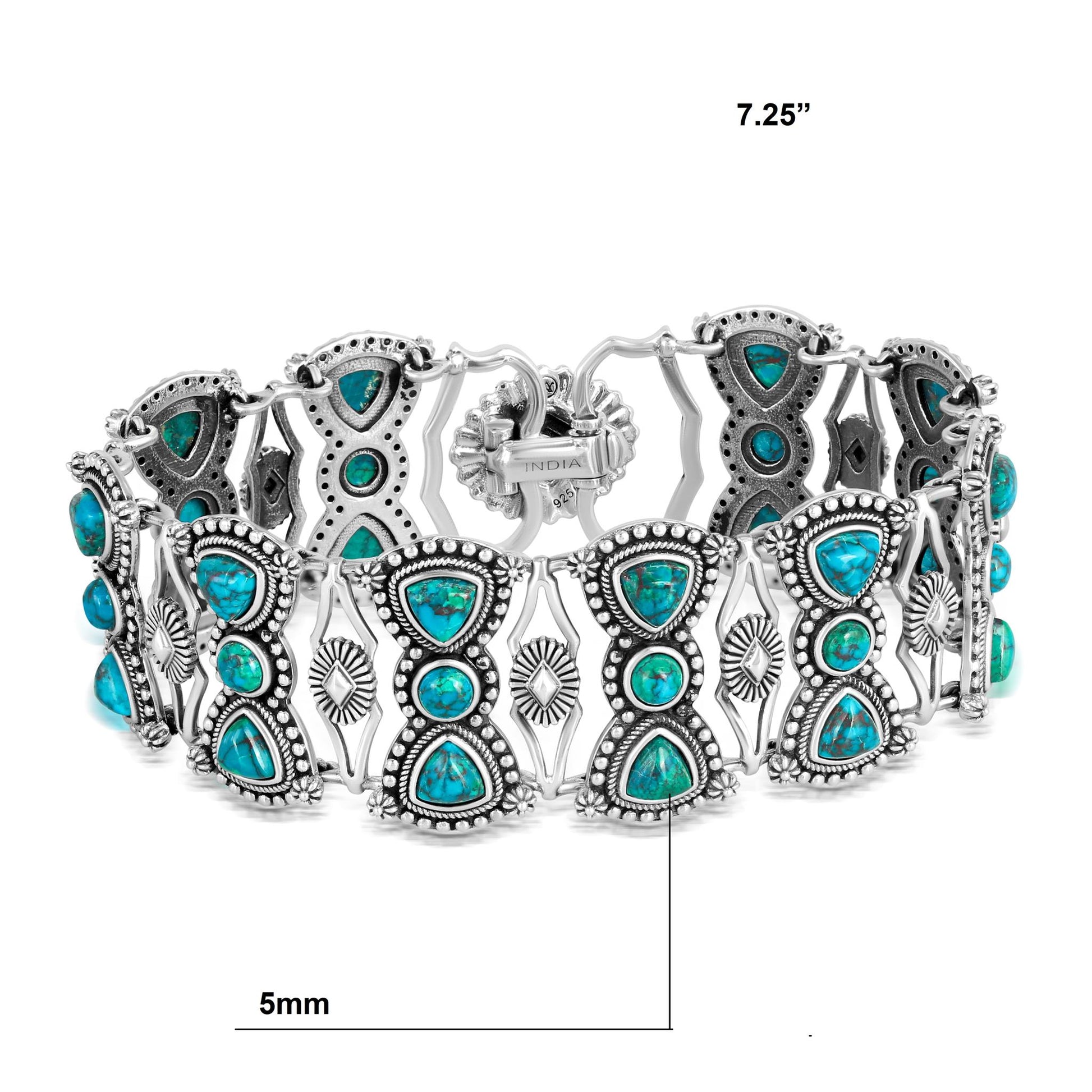 Sterling Silver Chrysocolla Round and Trillion Cut Link Bracelet