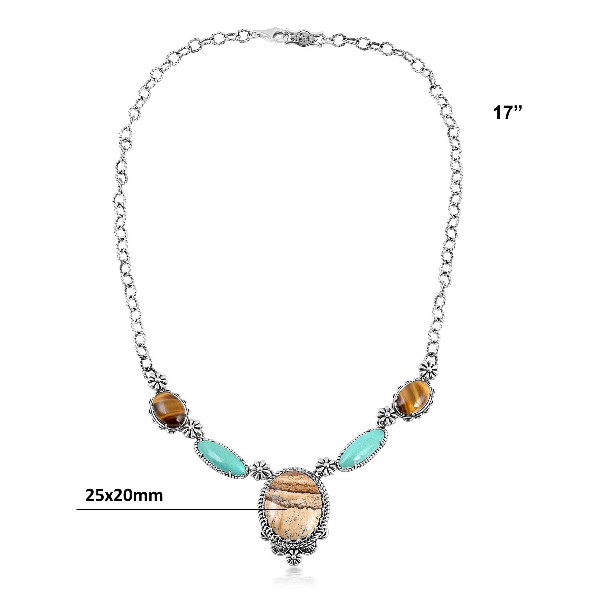 Sterling Silver Picture Jasper, Green Turquoise and Tiger's Eye Concha Station Necklace