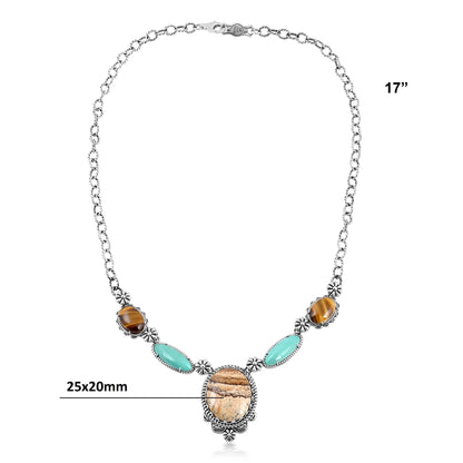 Sterling Silver Picture Jasper, Green Turquoise and Tiger's Eye Concha Station Necklace