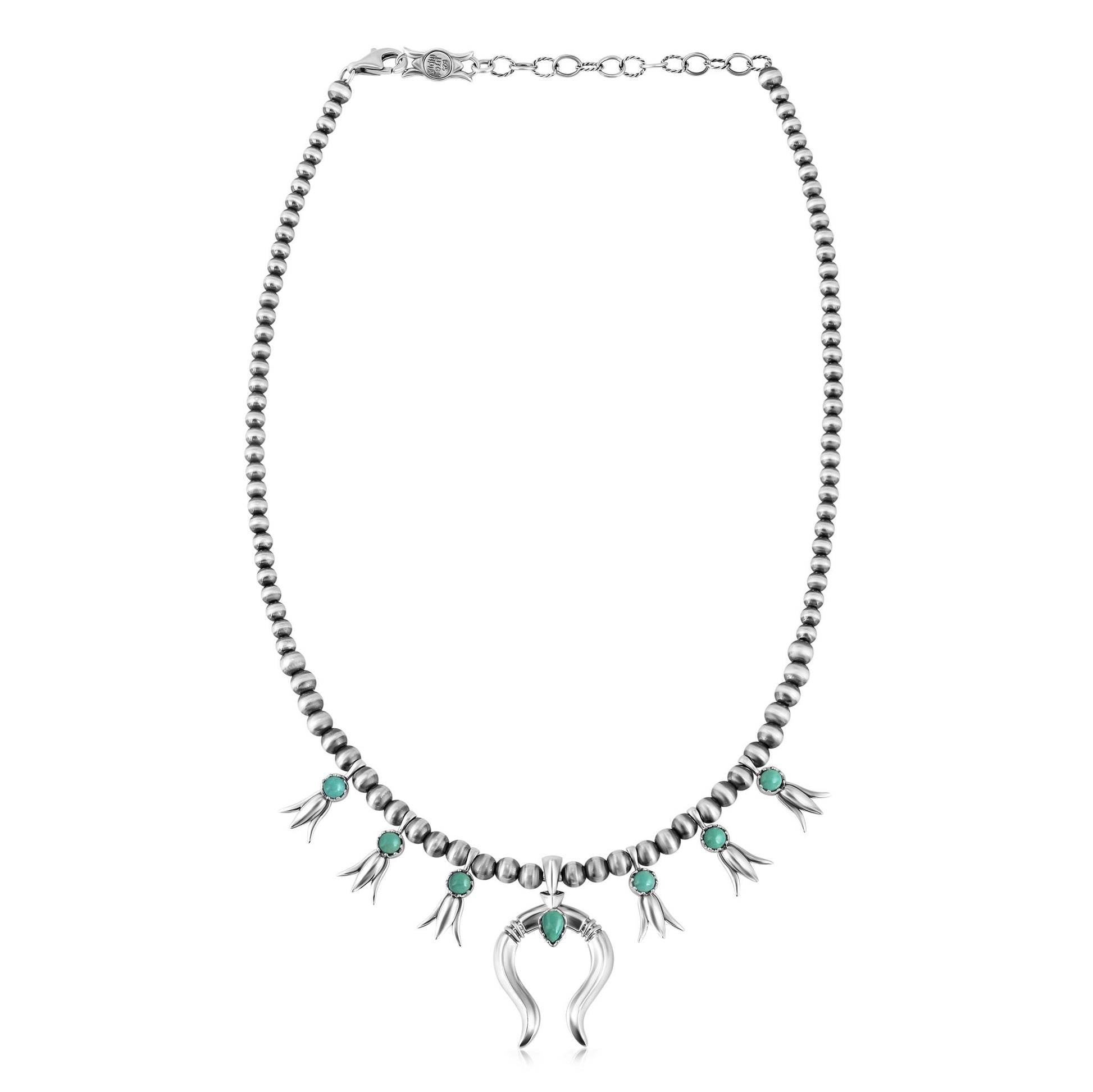 Sterling Silver Green Turquoise Beaded Squash Blossom Necklace