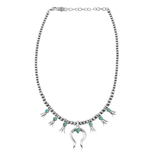 Sterling Silver Green Turquoise Beaded Squash Blossom Necklace