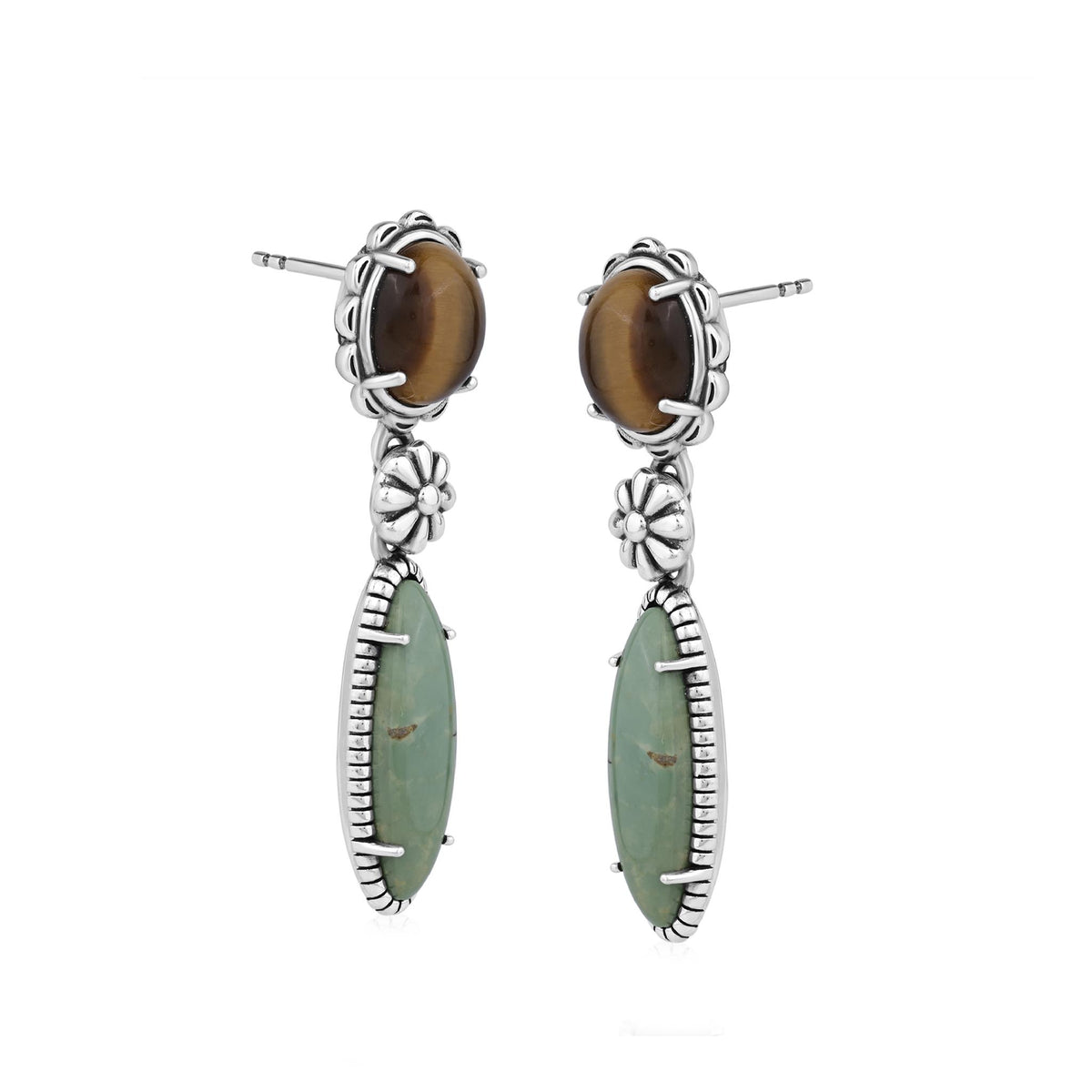 Sterling Silver Tiger's Eye Green Turquoise Oval Cabochon Dangle Earrings