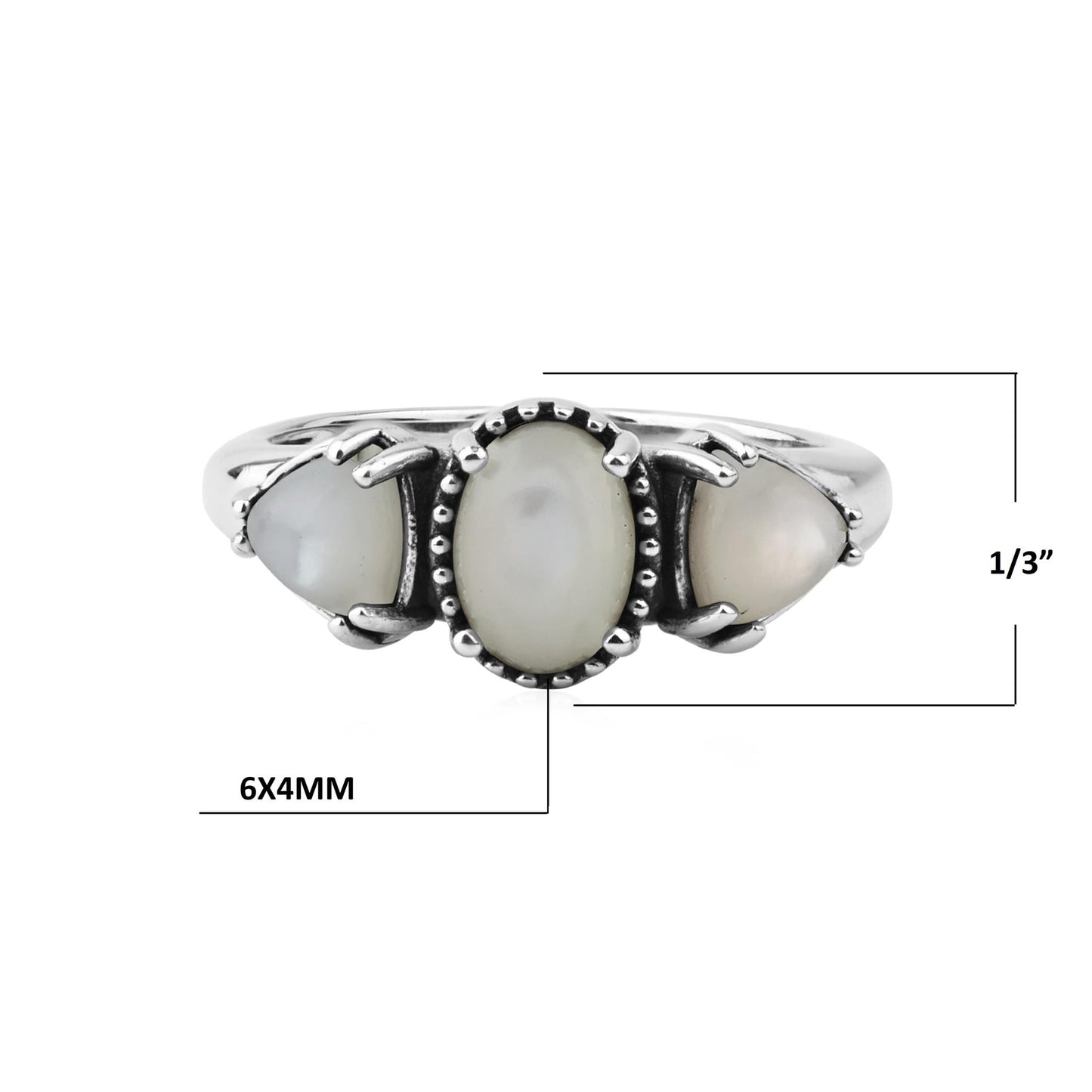  Sterling Silver White Mother of Pearl Oval and Trillion 3-Stone Ring