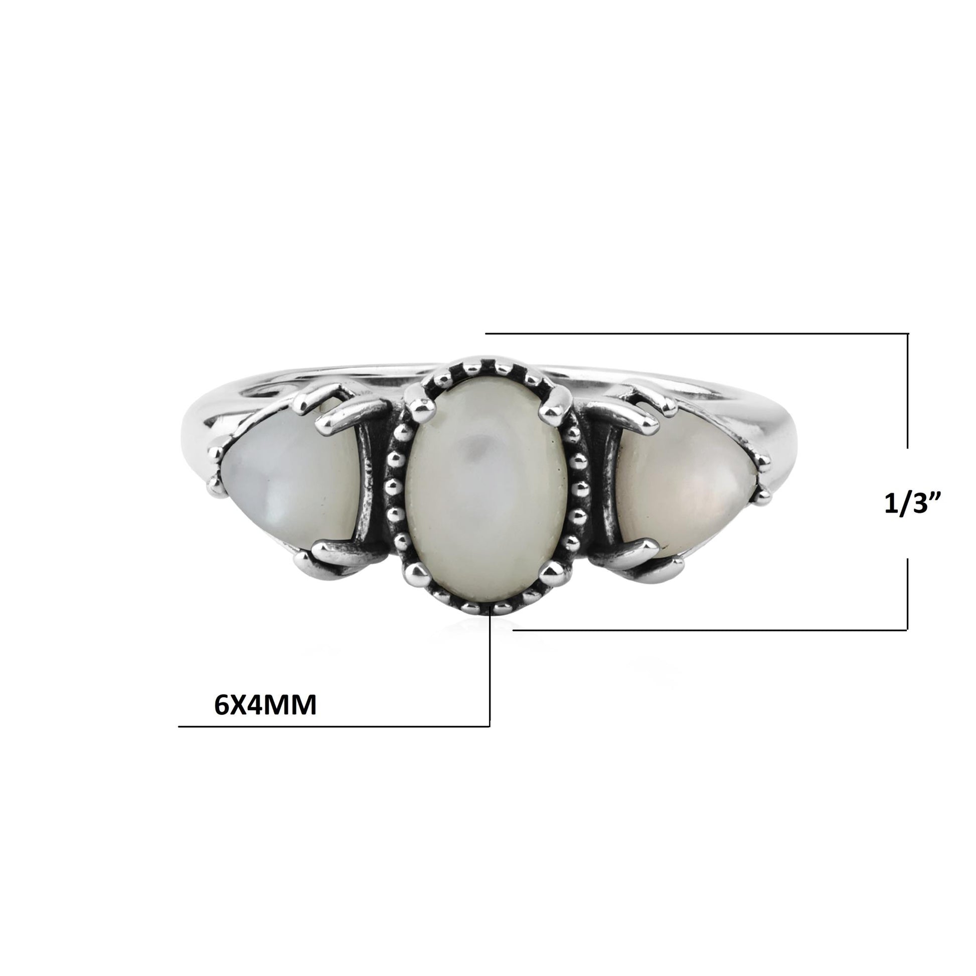  Sterling Silver White Mother of Pearl Oval and Trillion 3-Stone Ring