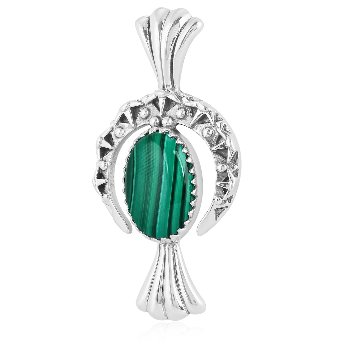 EXCLUSIVELY OURS! Sterling Silver Malachite Fritz Casuse Squash Blossom Naja Crescent Moon Pendant Enhancer