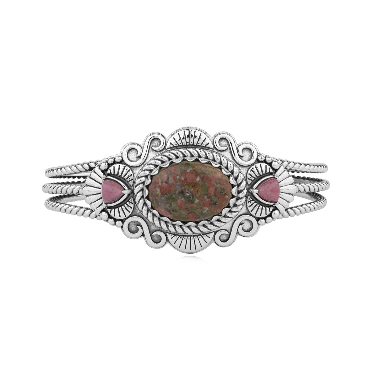 Sterling Silver Unakite and Rhodonite Oval and Trillion Gemstone Cuff, Sizes Small and Large