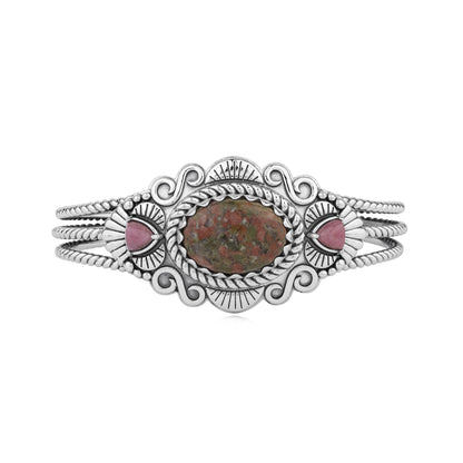 Sterling Silver Unakite and Rhodonite Oval and Trillion Gemstone Cuff, Sizes Small and Large