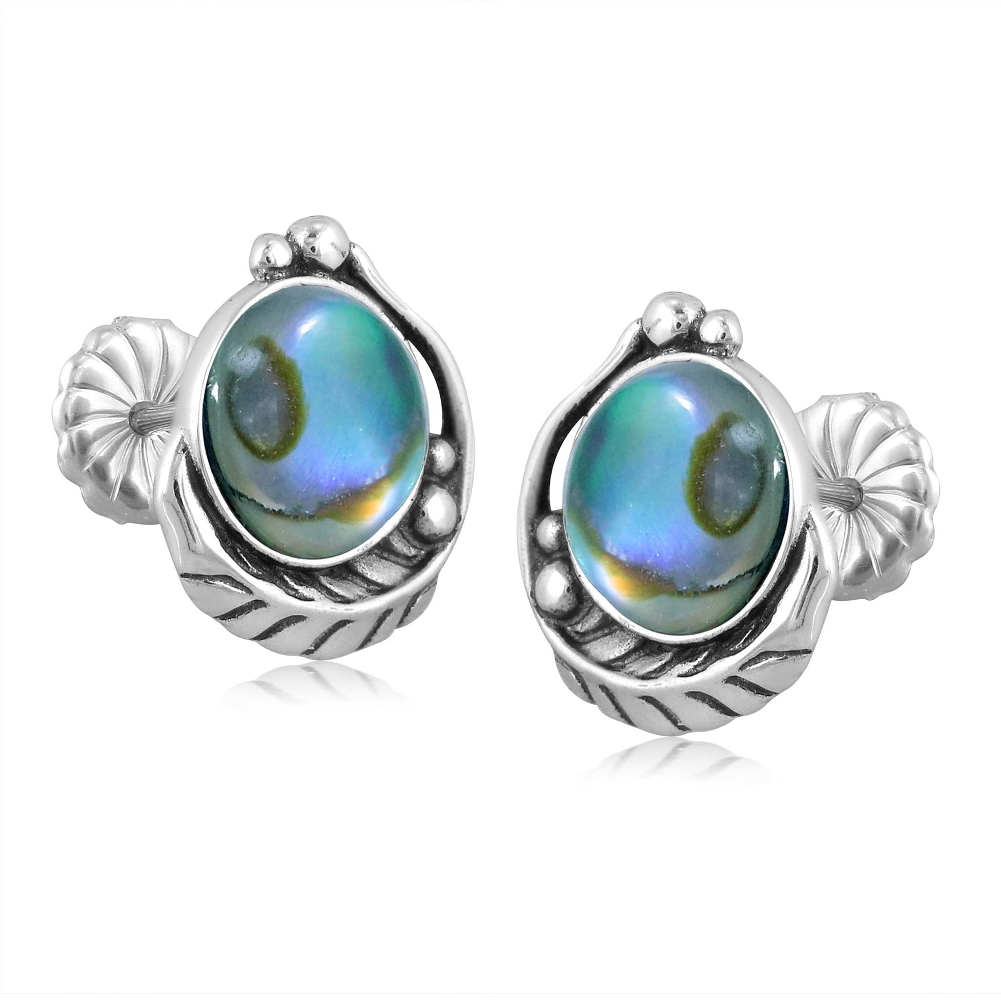 Sterling Silver Abalone Shell Leaf Design Button Earrings