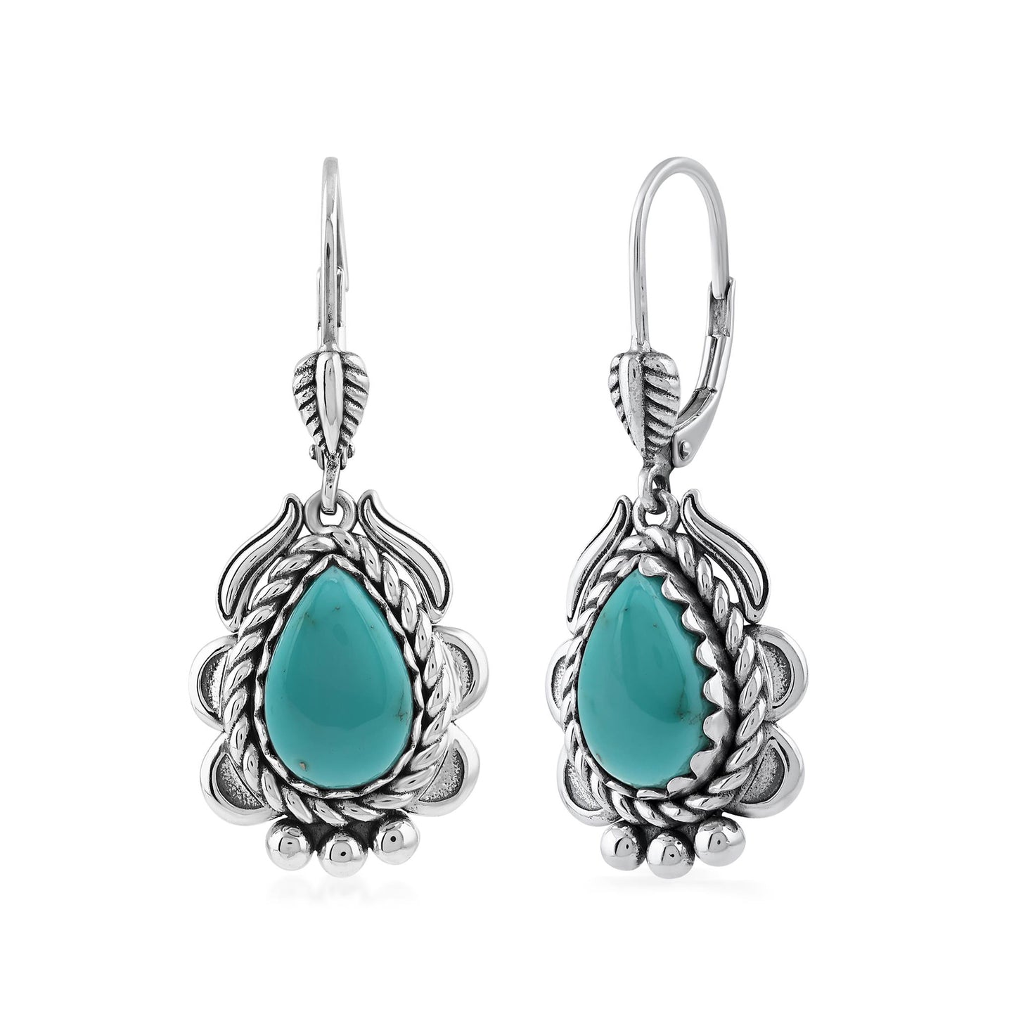Sterling Silver Kingman Turquoise Pear-Cut Rope Design Lever Back Earrings