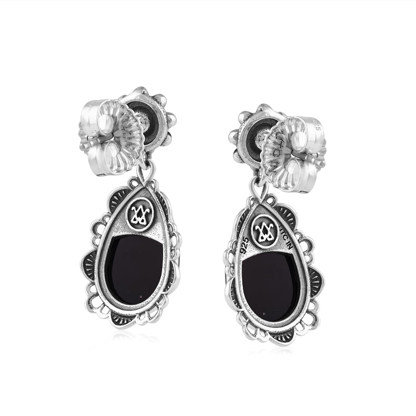  Sterling Silver Black Onyx Pear-Cut Concha Dangle Earrings