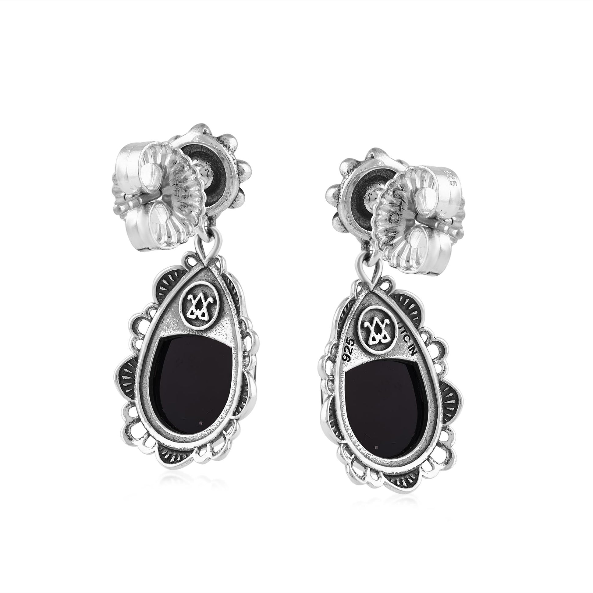  Sterling Silver Black Onyx Pear-Cut Concha Dangle Earrings
