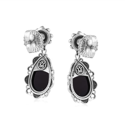  Sterling Silver Black Onyx Pear-Cut Concha Dangle Earrings