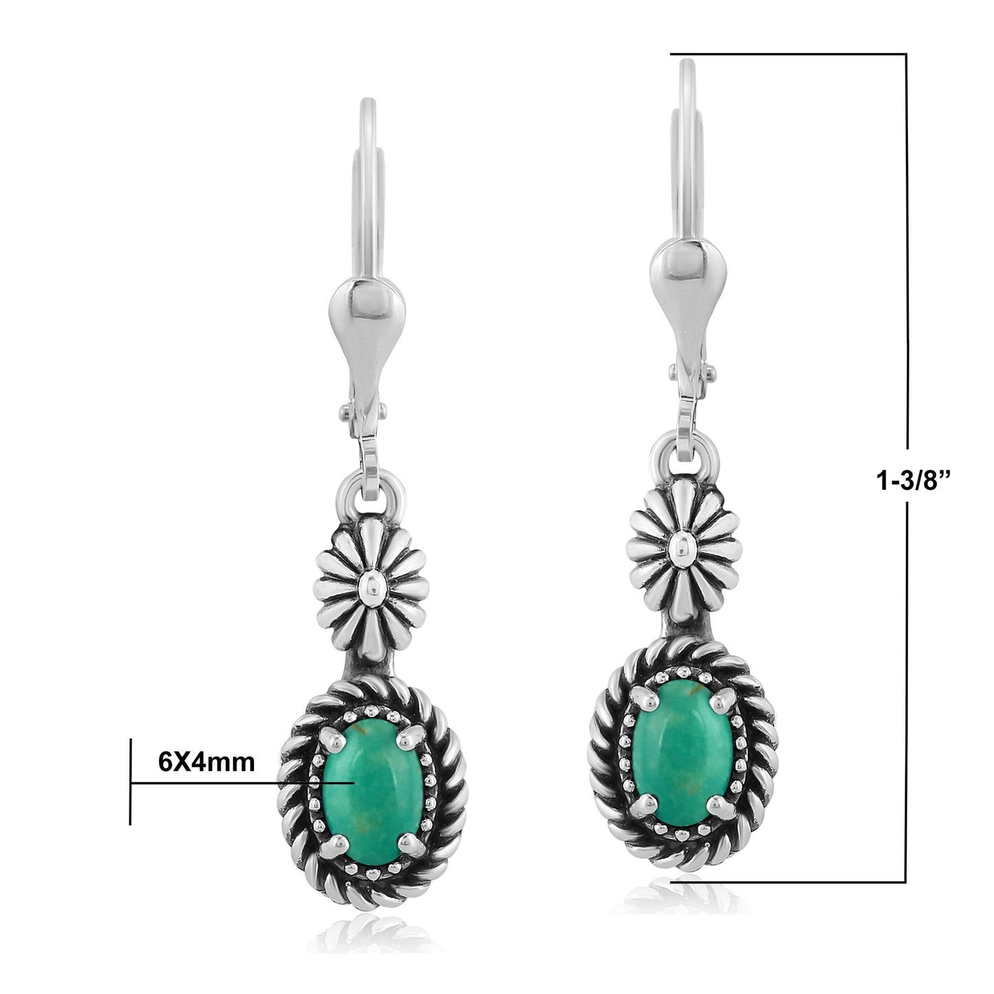 EXCLUSIVELY OURS! Sterling Silver Green Turquoise Floral and Rope Design Dangle Earrings