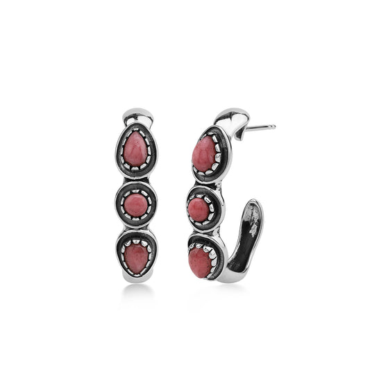 EXCLUSIVELY OURS! Sterling Silver Rhodonite Pear and Round Cut Hoop Earrings