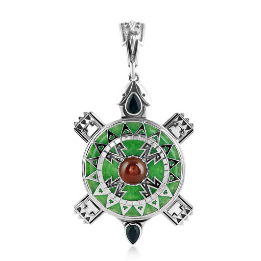 EXCLUSIVELY OURS! Sterling Silver Green Jade, Red Onyx, and Black Onyx Turtle Pendant Enhancer
