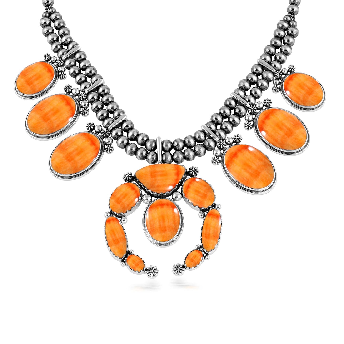 Sterling Silver Orange Spiny Oyster Naja Squash Blossom Statement Necklace