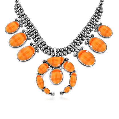 Sterling Silver Orange Spiny Oyster Naja Squash Blossom Statement Necklace