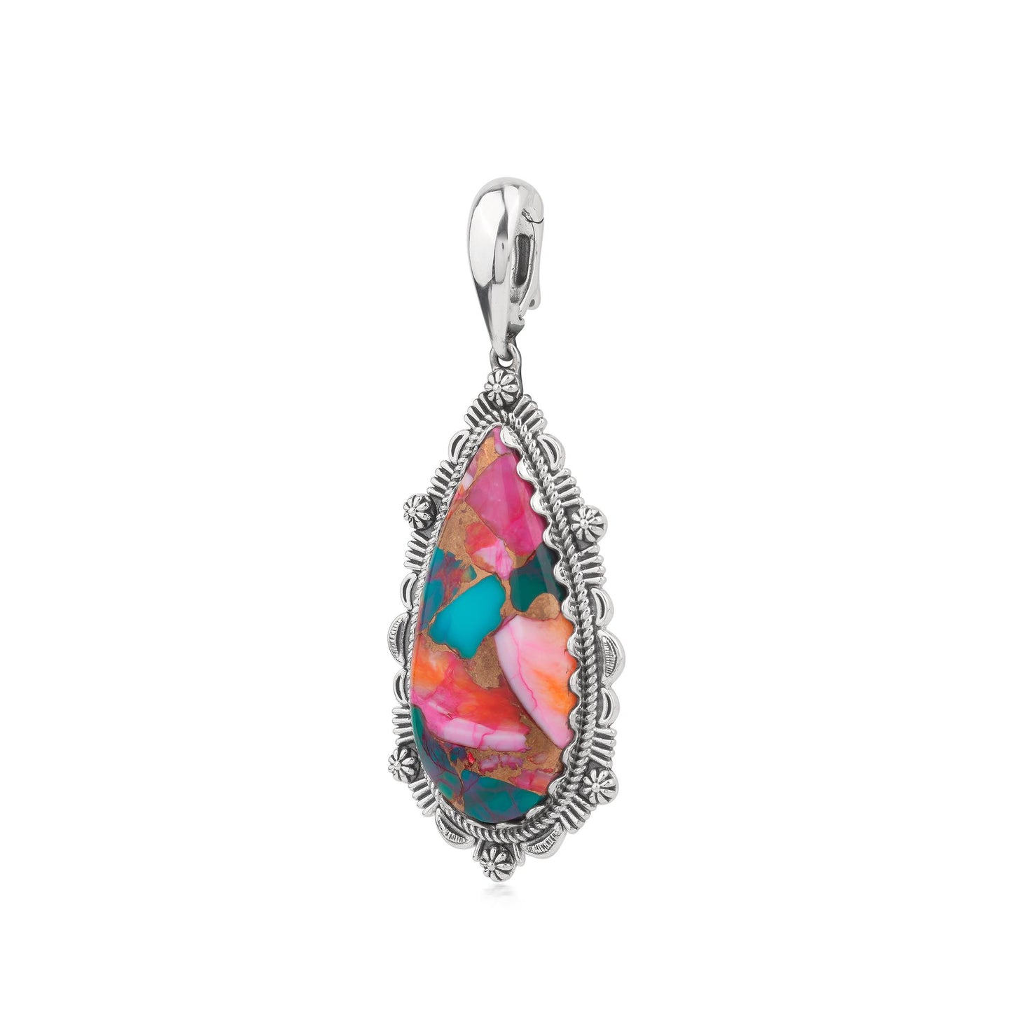 EXCLUSIVELY OURS! Sterling Silver Painted Desert Mosaic Teardrop Bordered Design Pendant Enhancer