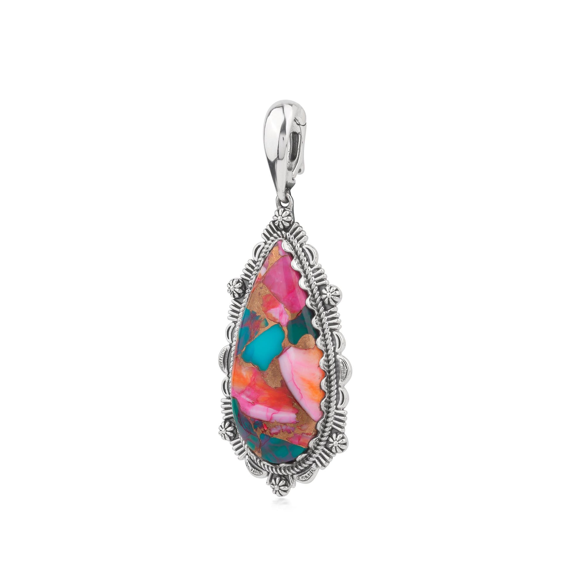 EXCLUSIVELY OURS! Sterling Silver Painted Desert Mosaic Teardrop Bordered Design Pendant Enhancer