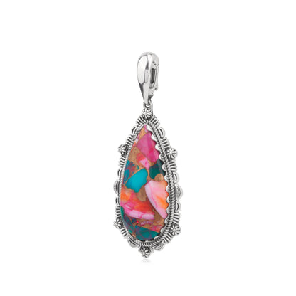 EXCLUSIVELY OURS! Sterling Silver Painted Desert Mosaic Teardrop Bordered Design Pendant Enhancer
